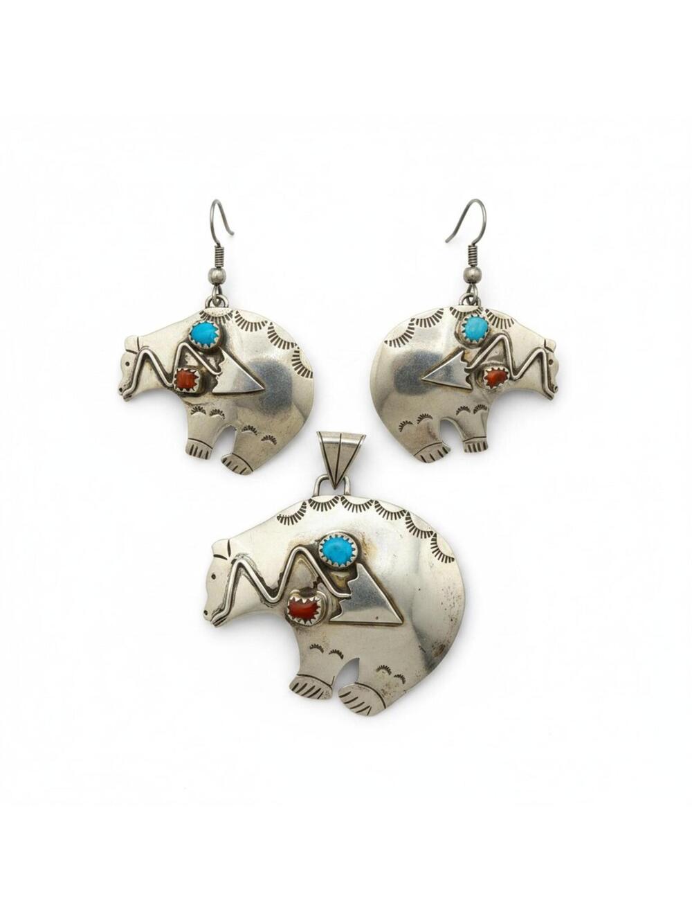 Navajo Landy Yazzie Sterling Silver  - Turquoise & Coral Bear Pendant & Earrings